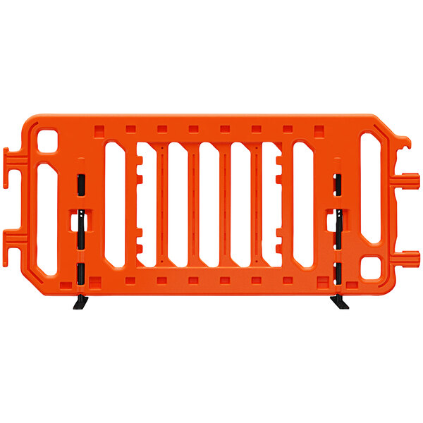 An orange Plasticade parade barricade with black legs and four holes.