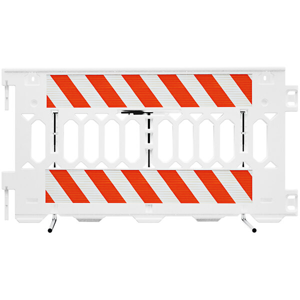 A white Plasticade parade barricade with white striped sheeting on both sides.