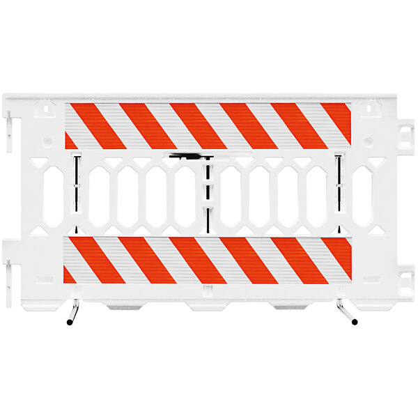 A white Plasticade Pathcade parade barricade with a white striped sign.