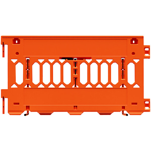 An orange Plasticade Pathcade interlocking parade barricade with holes.