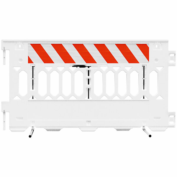 A white Plasticade Pathcade barricade with a white striped section and orange accents.