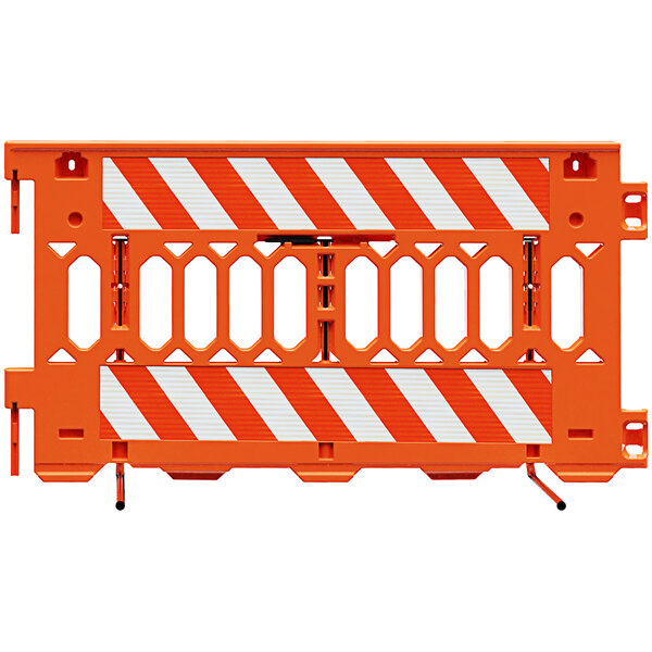 A Plasticade orange and white barricade with white striped sheeting on one side.