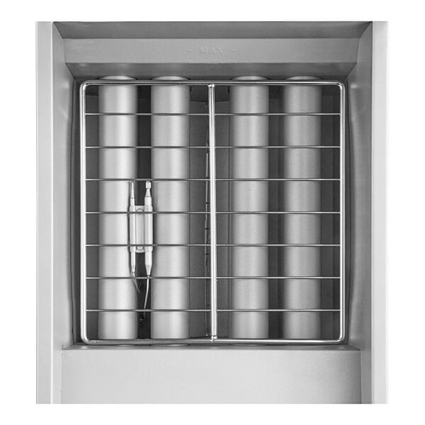 A stainless steel Avantco floor fryer with a silver metal cylinder inside.