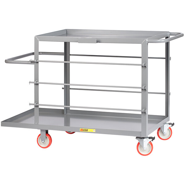 A grey Little Giant wire electrician cart with red wheels.