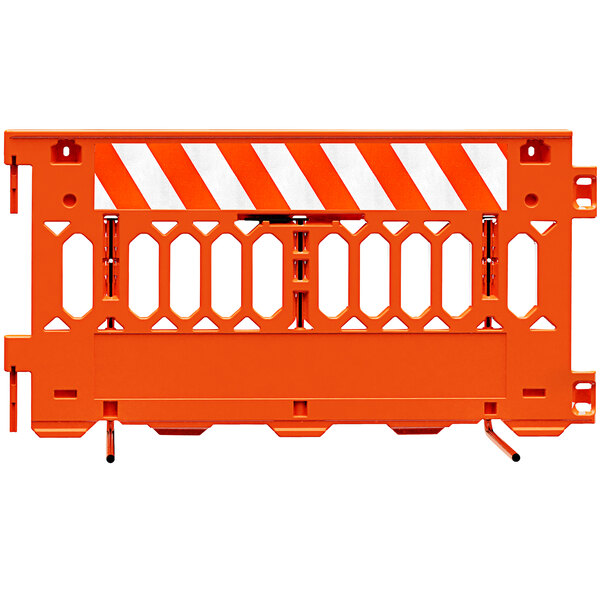 An orange Plasticade Pathcade barricade with white diamond grade striping on one side.