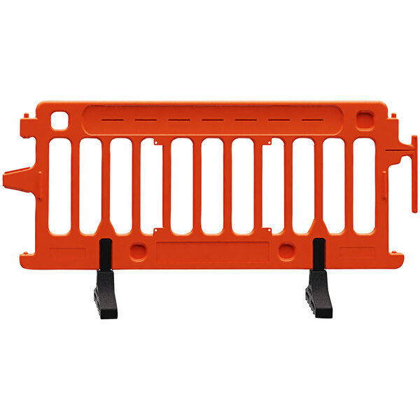 An orange Plasticade parade barricade with black legs.