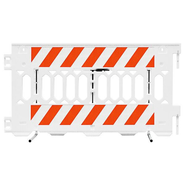 A white Plasticade Pathcade barricade with engineer grade white and orange striped sheeting on one side.
