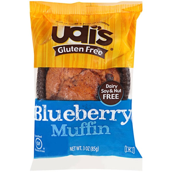 A blue and yellow bag of Udi's Gluten-Free blueberry muffins.