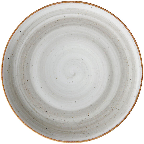 A white porcelain coupe plate with a grey rim.