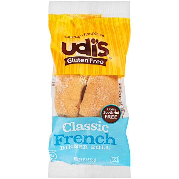 A plastic bag of Udi's Gluten-Free French Dinner Rolls.