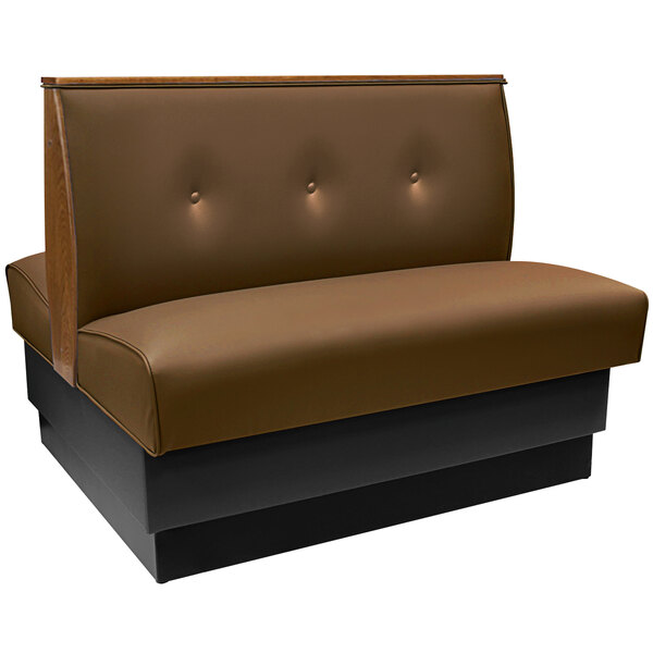 An American Tables & Seating brown upholstered double booth with black end caps.