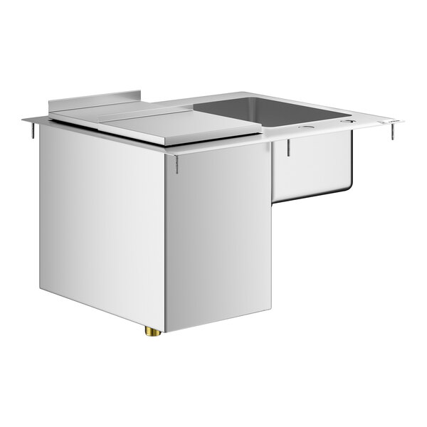 A stainless steel drop-in unit featuring a hand sink and an adjacent ice bin with a cover.