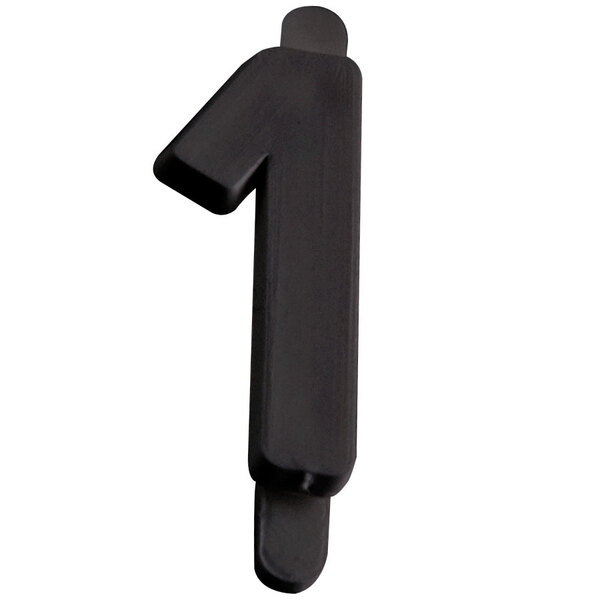 A close-up of a black molded plastic number one deli tag insert.