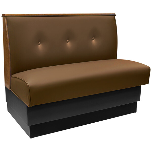 An American Tables & Seating brown upholstered single booth with a 3-button tufted back and black end caps.