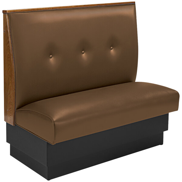 An American Tables & Seating brown upholstered restaurant booth with black end caps.