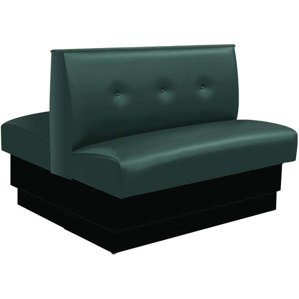 An American Tables & Seating green upholstered double booth with button tufting and black base.