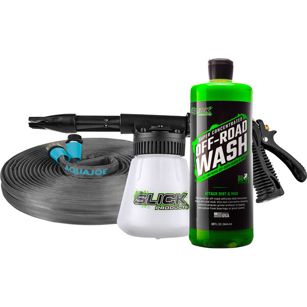 An Aqua Joe foam blaster and bottle of Slick cleaning products.