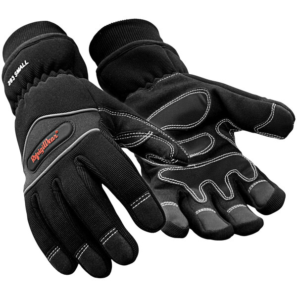 A pair of black RefrigiWear waterproof safety gloves with red stitching.