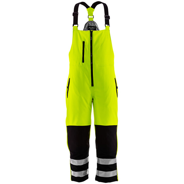 RefrigiWear HiVis yellow and black insulated overalls with white accents.