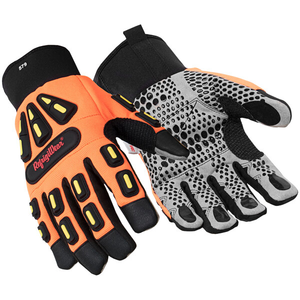A pair of RefrigiWear insulated warehouse gloves with orange and black accents on a white background.