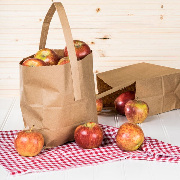 1/2 Peck "Sophomore" Natural Brown Kraft Paper Produce Customizable Market Stand Bag with Handle - 500/Case