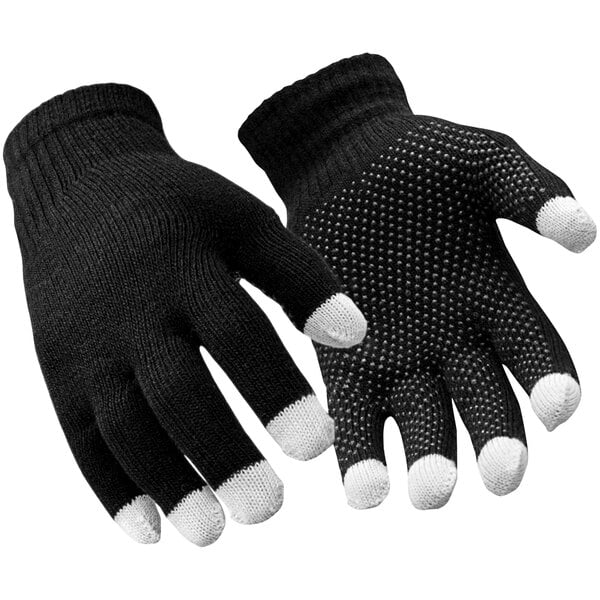 A close-up of a black RefrigiWear thermal glove with white dots on the fingertips.