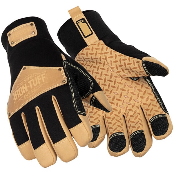 A pair of RefrigiWear leather warehouse gloves in tan and black with a pattern on them.