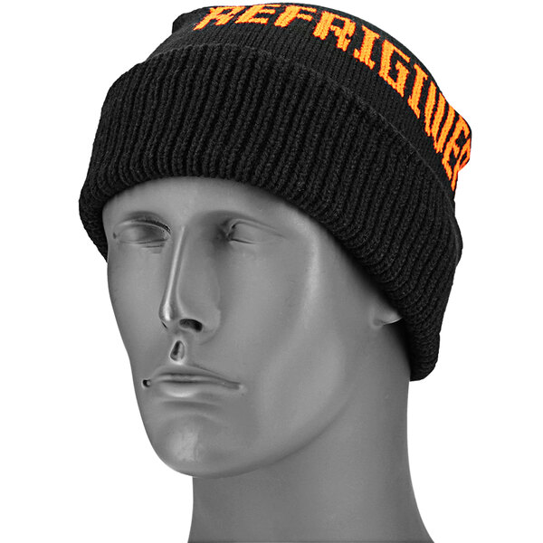A black and orange RefrigiWear knit hat on a mannequin head.