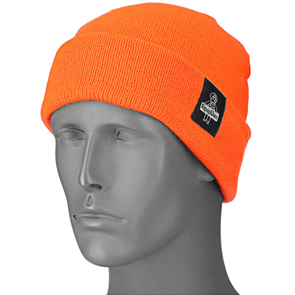 A mannequin head with a RefrigiWear orange knit watch cap.