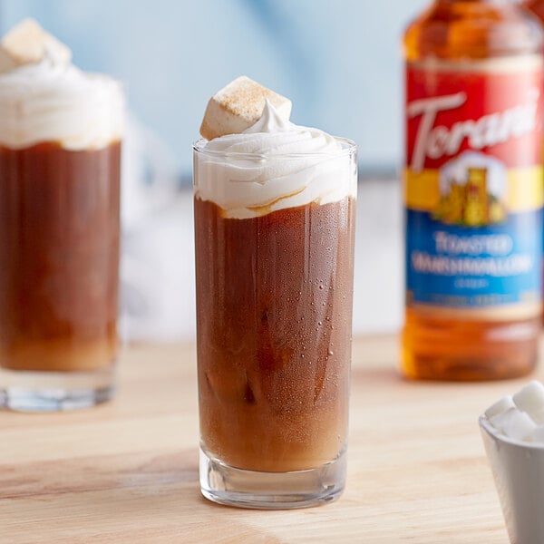 Two glasses of iced coffee made with Torani Toasted Marshmallow syrup.