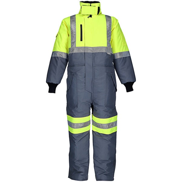 A high visibility RefrigiWear coverall in lime and gray with reflective stripes.
