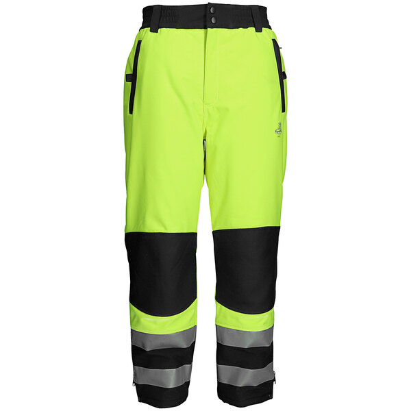 A pair of yellow and black RefrigiWear insulated softshell pants with reflective stripes.