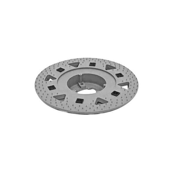 A circular metal Powr-Flite pad driver with holes.