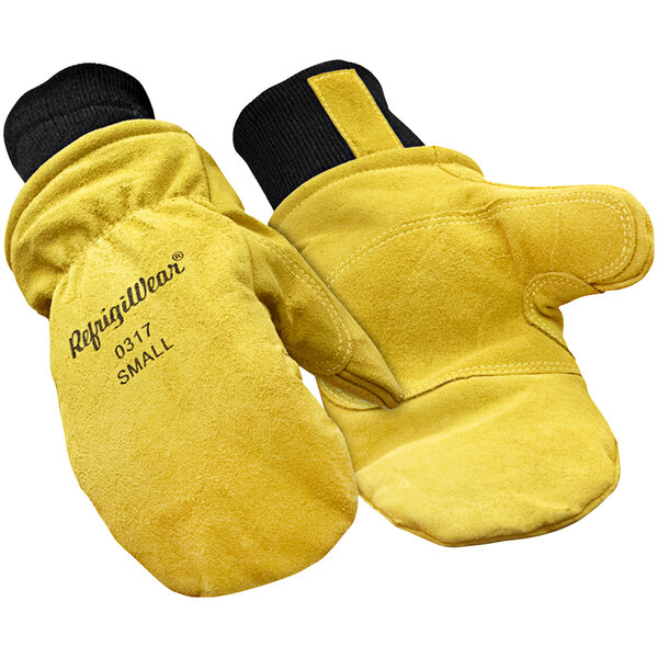 A pair of yellow insulated leather mittens with the words "RefrigiWear" on them.