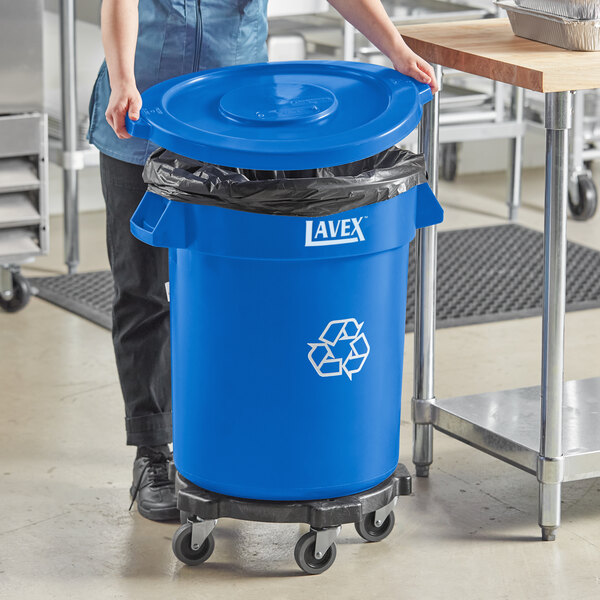 Lavex 20 Gallon Blue Round Commercial Recycling Can with Blue Lid and Dolly