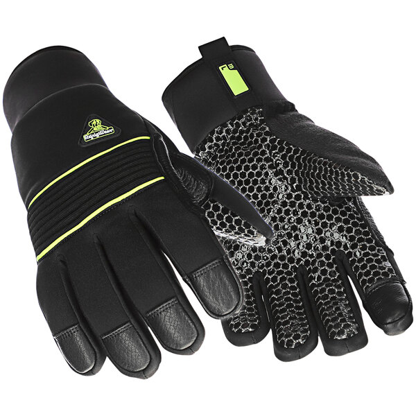 A pair of black RefrigiWear gloves with green mesh accents.