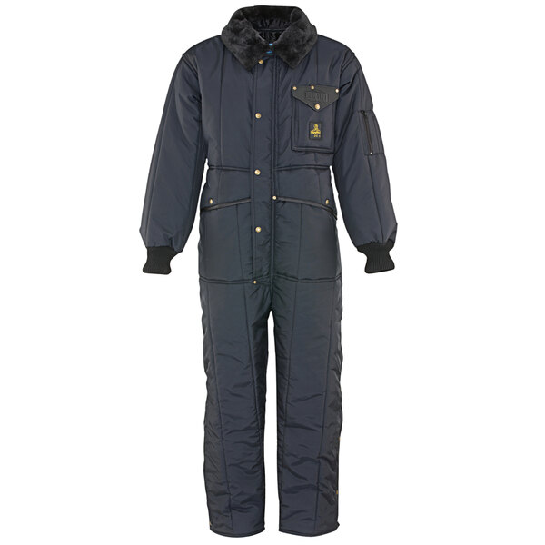 A navy RefrigiWear coverall with a hood and pockets.