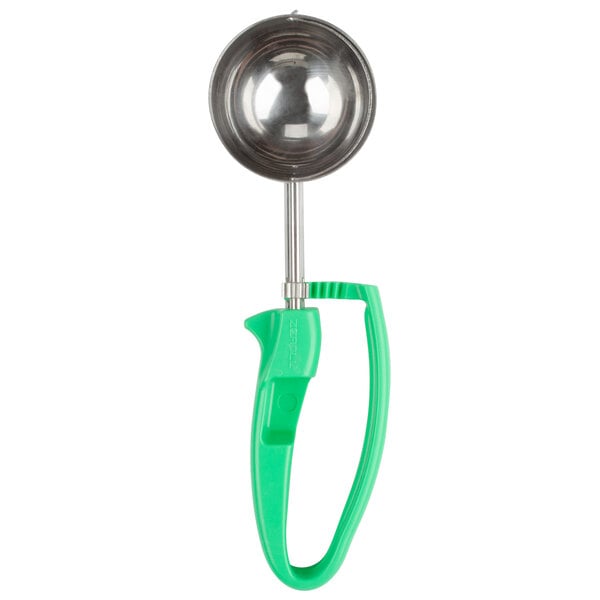 A Zeroll green universal EZ squeeze handle with a round metal ladle.
