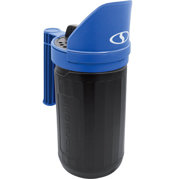 A blue and black Snow Joe handheld spreader with a blue cap.