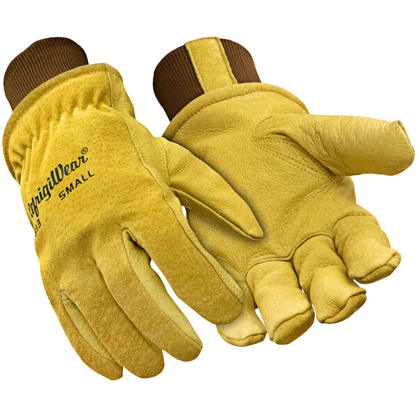A pair of yellow and brown RefrigiWear insulated goatskin leather gloves.