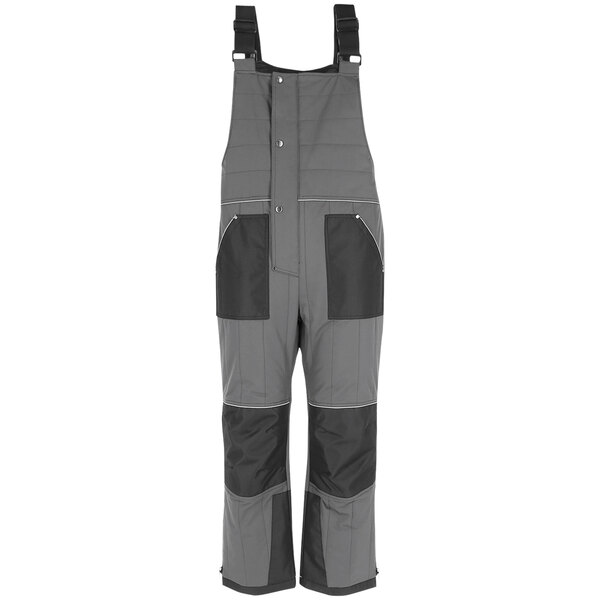A pair of grey and black RefrigiWear ChillShield overalls with pockets and zippers.