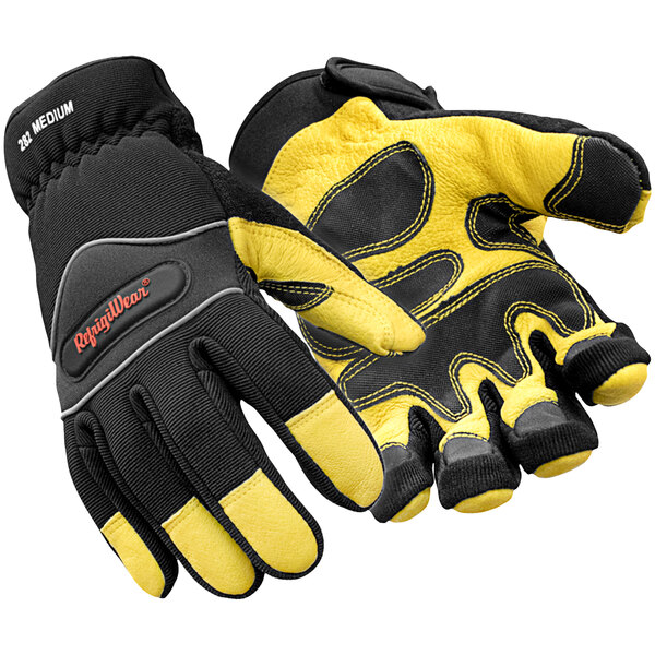 A pair of gold and black RefrigiWear insulated safety gloves.
