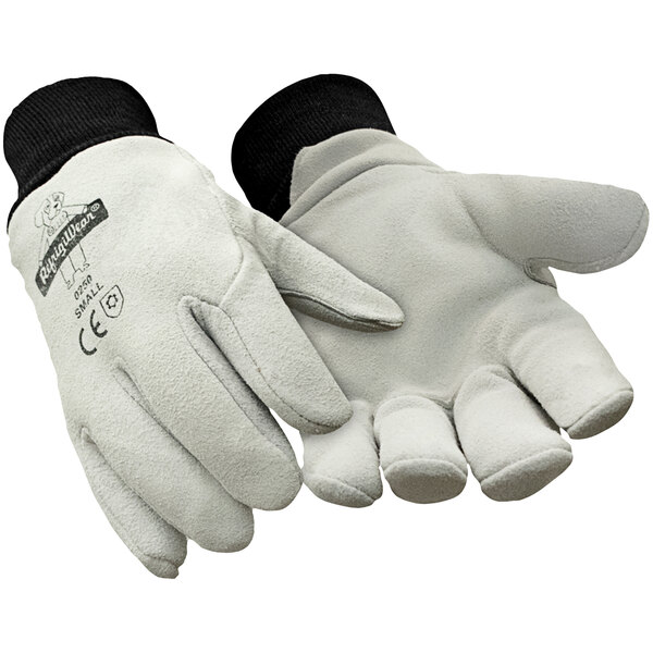 A pair of gray leather gloves with black stitching.