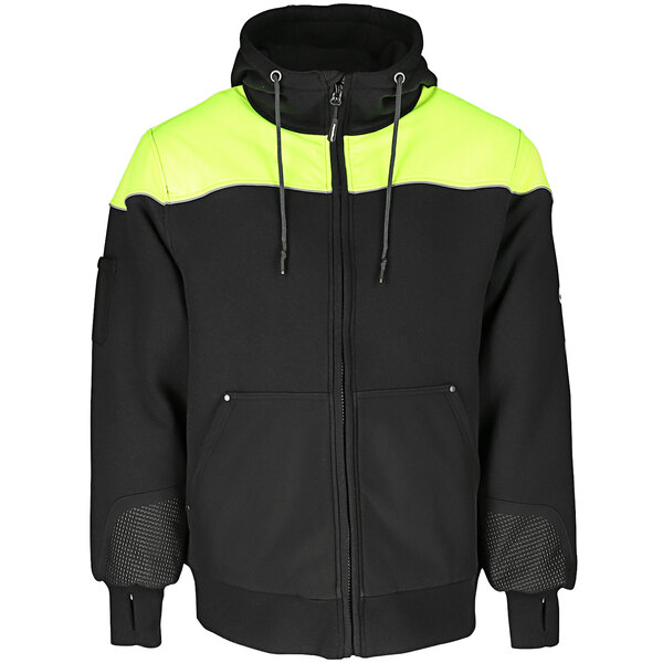 A black and lime RefrigiWear Freezer Edge hooded sweatshirt with reflective detailing.