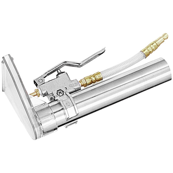 A Powr-Flite silver and gold upholstery tool with a white hose attachment.