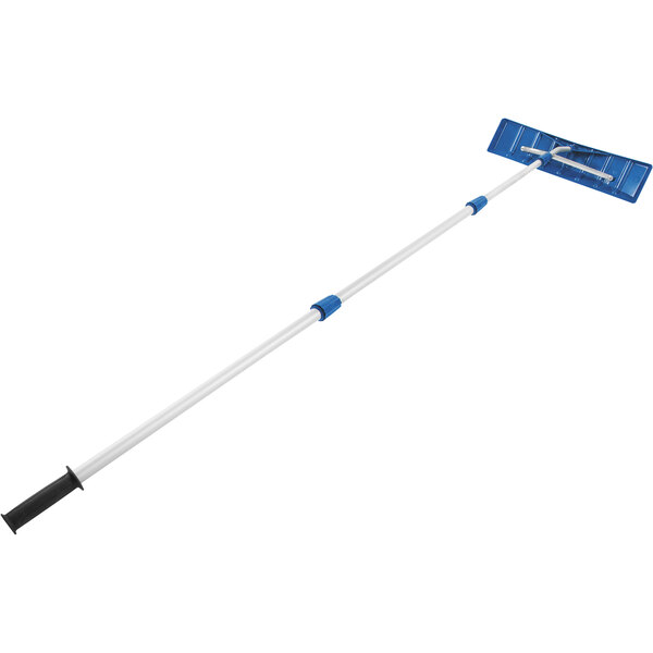 A Snow Joe telescoping snow shovel and roof rake with a blue and white handle.