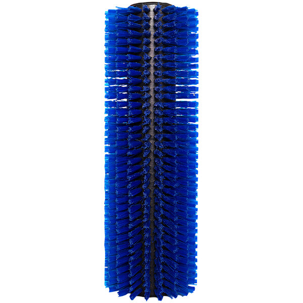 A close-up of a blue Tornado escalator cleaner brush with black bristles.