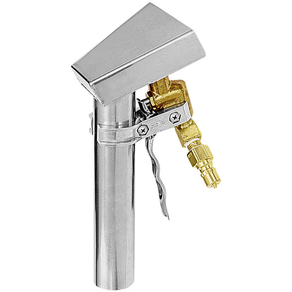 A silver and gold metal upholstery tool with a white background.