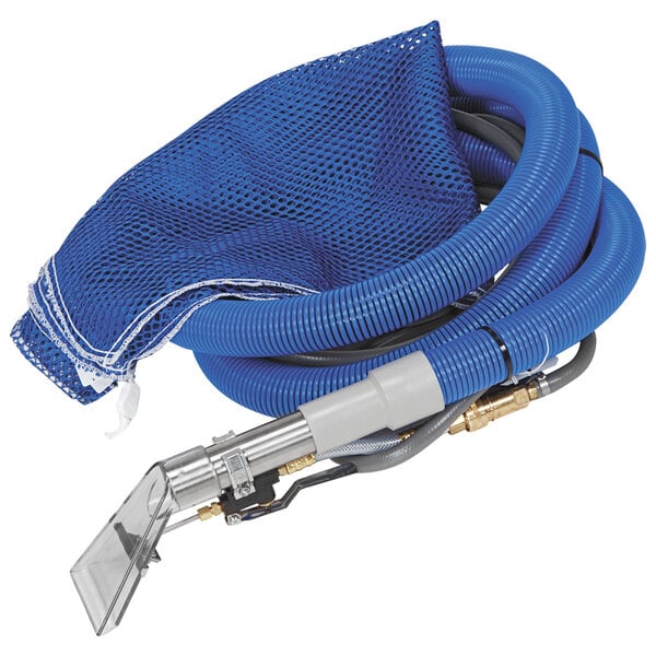 A Powr-Flite upholstery cleaning kit with a blue vacuum hose and grey and blue attachments.