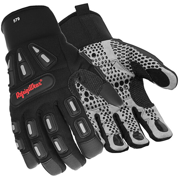 A pair of black RefrigiWear insulated gloves on a white background.